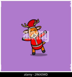 Süße Lustige Weihnachtsmann-Hirsch-Figur. Charakter, Maskottchen, Symbol und niedliches Design. Vektor und Illustration. Stock Vektor