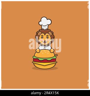 Süßer Löwenkoch Auf Burger. Figur, Maskottchen, Icon, Logo, Cartoon und niedliches Design. Vektor und Illustration. Stock Vektor