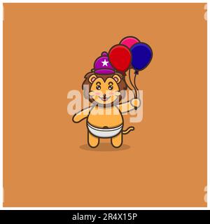 Süßer Löwe, Bring Ballons Mit. Figur, Maskottchen, Icon, Logo, Cartoon und niedliches Design. Vektor und Illustration. Stock Vektor