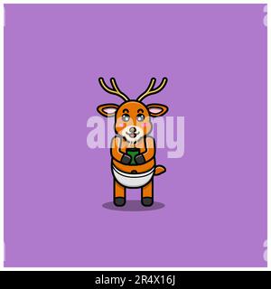 Süße Baby-Hirsch-Figur Mit Teetasse. Charakter, Maskottchen, Symbol und niedliches Design. Vektor und Illustration. Stock Vektor