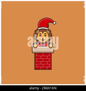 Süße Baby-Löwen-Weihnachten auf dem Hausschornstein. Figur, Maskottchen, Icon, Logo, Cartoon und niedliches Design. Vektor und Illustration. Stock Vektor