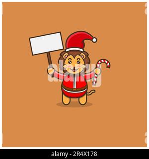 Süßes Baby-Löwe-Weihnachten Mit Leerem Banner Und Süßigkeiten. Figur, Maskottchen, Icon, Logo, Cartoon und niedliches Design. Vektor und Illustration. Stock Vektor