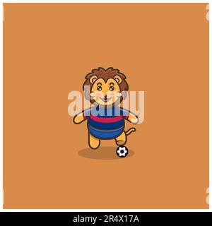 Süßer Baby-Löwen-Fußball. Figur, Maskottchen, Icon, Logo, Cartoon und niedliches Design. Vektor und Illustration. Stock Vektor