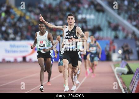 Jakob Ingebrigtsen (NOR) feiert nach dem Sieg über 1.500 m in 3:32,59, während des Treffens International Mohammed VI d'Athletisme de Rabat in Complexe Sportif Prinz Moulay Abdellah, Sonntag, 28. Mai 2023, in Rabat, Marokko. (Jiro Mochizuki/Bild des Sports) Stockfoto