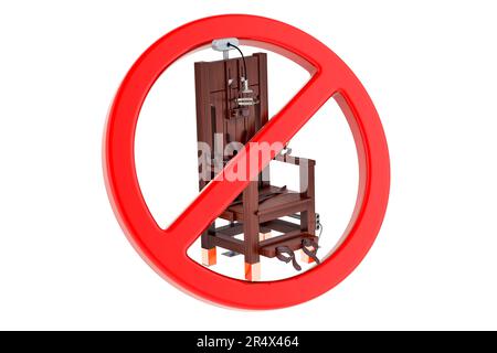Elektrischer Stuhl mit Verbotssymbol, 3D-Rendering auf weißem Hintergrund isoliert Stockfoto