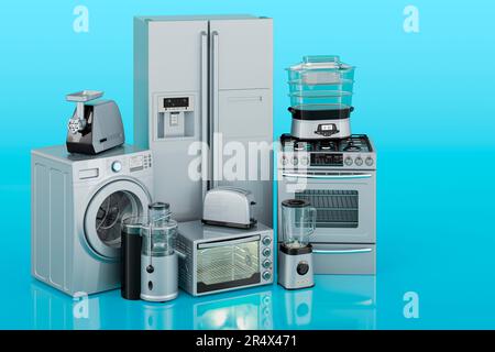 Set aus Küchen- und Haushaltsgeräten auf blauem Hintergrund, 3D-Rendering Stockfoto