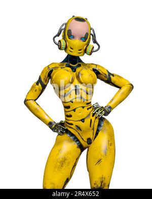 Super Gynoid macht eine Power-Comic-Pose, 3D-Darstellung Stockfoto
