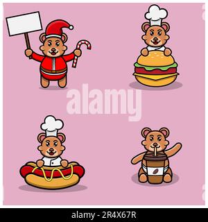 Set Aus Süßen Babybären Mit Verschiedenen Posen. Weihnachten, Chefkoch mit Burger, Hot Dog und Kaffeetasse. Vektor und Illustration. Stock Vektor