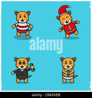 Set Aus Süßem Baby-Tiger Mit Verschiedenen Posen. Fußball, Weihnachten, Boss und Tee-Cup mitbringen. Vektor und Illustration. Stock Vektor