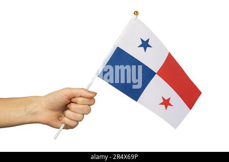 Panama-Flagge in der Hand isoliert auf weißem Hintergrund, Vorlage für Designer Stockfoto