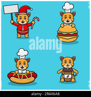 Set Aus Süßem Baby-Tiger Mit Verschiedenen Posen. Weihnachten, Chefkoch mit Burger, Hot Dog und Kaffeetasse. Vektor und Illustration. Stock Vektor