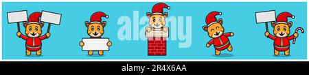 Set aus süßen Baby-Tiger-Figuren mit Weihnachtsmannkostüm und verschiedenen Posen. Vektor und Illustration. Stock Vektor