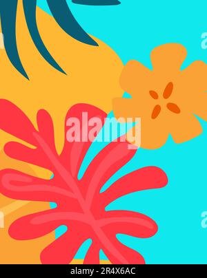 Banner in hellen Sommerfarben mit farbenfrohen tropischen Blättern und Blumen. Das Konzept der Entspannung. Vorlagen eignen sich perfekt für Anzeigen, Banner, Websites und Poster. Vektorgrafiken. Stock Vektor