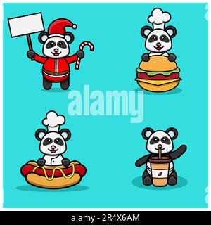 Set Aus Süßen Baby-Panda-Figuren Mit Verschiedenen Posen. Weihnachten, Chefkoch mit Burger, Hot Dog und Kaffeetasse. Vektor und Illustration. Stock Vektor