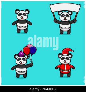 Set Aus Süßen Baby-Panda-Figuren Mit Verschiedenen Posen. Bringen Sie Banner, Ballons und weihnachtsbanner mit. Vektor und Illustration. Stock Vektor