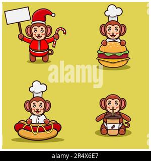 Set Aus Süßen Äffchen-Figuren Mit Verschiedenen Posen. Weihnachten, Chefkoch mit Burger, Hot Dog und Kaffeetasse. Vektor und Illustration. Stock Vektor
