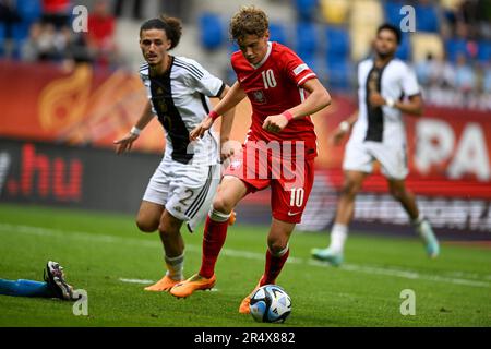 Felcsut, Ungarn. 30. Mai 2023. Daniel Miko von Polen U17?ajewski während der Qualifizierungsphase der Under-17-Meisterschaft Ungarn 2023 Fußballspiel Polen U17 gegen Deutschland U17 im Pancho Arena Stadion in Felcsut, Ungarn, 30. Mai 2023 Kredit: Live Media Publishing Group/Alamy Live News Stockfoto