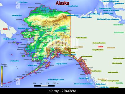 Die Karte von Alaska zeigt ein zerklüftetes und vielfältiges Gelände mit riesigen Bergketten, Gletschern und weitläufigen Wäldern. Die Küste ist gesäumt Stockfoto