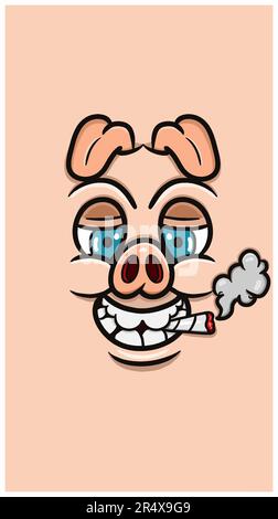 Cartoon witziges Schweinsgesicht und Rauchen für Hintergrund und Walpaper. Bildvektor Abschneiden. Vektor und Illustration Stock Vektor