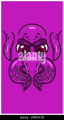 Süßes Cartoon Purple Octopus Gesicht Mit Wütendem Ausdruck. Hintergrund Für Vektorposter. Vektor und Illustration. Stock Vektor