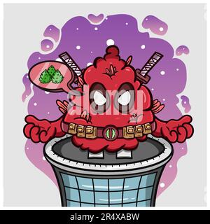 Cartoon-Maskottchen Aus Weed Bud Mit Rotem Ninja-Superhelden-Style. Geeignet für Marke, Etikett, Logo, Aufkleber, T-Shirt-Design, Hintergrundbild und anderes Produkt. Ve Stock Vektor