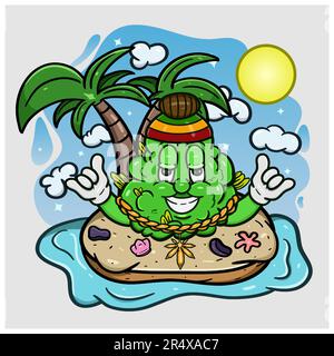 Cartoon-Maskottchen Aus Weed Bud Mit Reggae-Stil Auf Der Insel. Vektor Und Illustration Stock Vektor