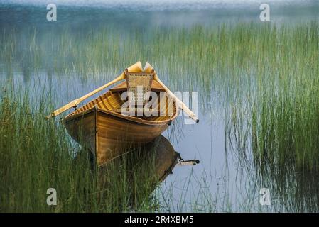 Adirondack Guide Kanu treiben auf Connery Teich bei Sonnenaufgang in den Adirondacks von New York, USA; New York, Vereinigte Staaten von Amerika Stockfoto