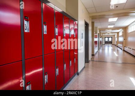 Flur und Schließfächer in einer kürzlich renovierten und modernisierten ländlichen High School in Namao, Alberta, Kanada Stockfoto