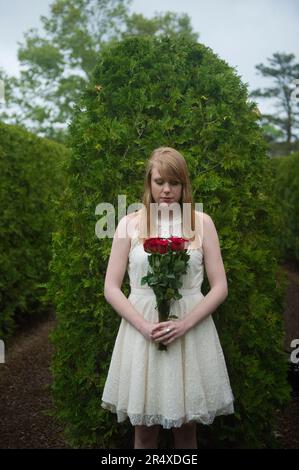 Junge Frau steht mit einem Strauß roter Rosen in einem Gartenbereich; Luray, Virginia, Vereinigte Staaten von Amerika Stockfoto