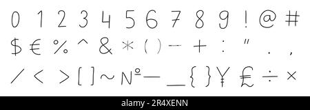 Handgeschriebene schwarze spezielle mathematische und andere Symbole und Zeichen in Schriftart 0 bis 9. Vektordarstellung im handgezeichneten Cartoon-Doodle-Stil, isoliert auf Whi Stock Vektor