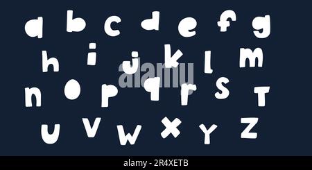 Einfache weiße englische schriftart lateinisch abc, Schriftart A bis z. Vektordarstellung in handgemachtem Doodle, handgeschriebener Doodle-Stil isoliert auf dunklem Hintergrund. Für Stock Vektor
