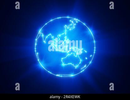 Der strahlende Planet Erde mit den Konturen der Kontinente auf einem tiefblauen Hintergrund. Erdkugel mit Blick auf Asien und Ozeanien Stockfoto