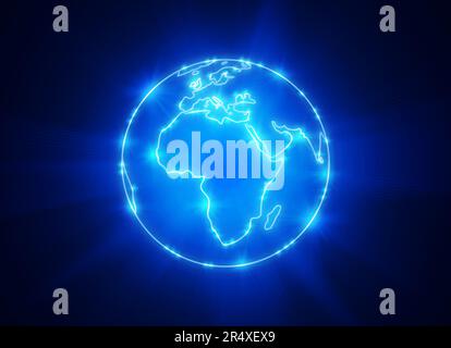 Der strahlende Planet Erde mit den Konturen der Kontinente auf einem tiefblauen Hintergrund. Erdkugel mit Blick auf Afrika Stockfoto