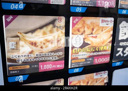 Hiroshima, Japan. 7. März 2023. Gyoza-Verkaufsautomaten neben einem Automaten für heiße/kalte Getränke Jidohanbaiki (Kreditbild: © Taidgh Barron/ZUMA Press Wire) NUR REDAKTIONELLE VERWENDUNG! Nicht für den kommerziellen GEBRAUCH! Stockfoto