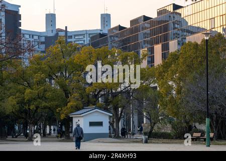 Hiroshima, Japan. 7. März 2023. Büros und Apartments rund um das Gelände des Schlosses Hiroshima. Hiroshima (åºƒå³¶) ist eine bedeutende Stadt im Westen Japans, bekannt für ihre tragische Geschichte und bemerkenswerte Widerstandsfähigkeit. Es ist ein Symbol für Frieden und Versöhnung, mit Denkmälern wie dem Friedenspark und der Burg Hiroshima, die ihr kulturelles Erbe zeigen. Die Stadt ist auch für ihre aufstrebende militärische Verteidigungsindustrie bekannt, da die Spannungen mit Russland und China wegen der russischen Invasion der Ukraine und der KPCh-Säbel über Taiwan aufkommen. Die Stadt war vor kurzem Gastgeber des G7 Summit und ist bekannt für OJs Stockfoto