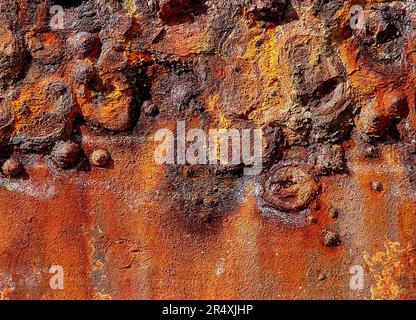 Leuchtende, lebendige Farben, die durch das Rosten der alten Stahlplatten eines Schiffes an einem Strand in Cornwall entstanden sind. Stockfoto