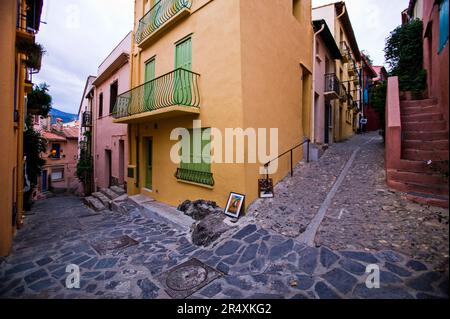 Straßen und Gebäude in Collioure.; Collioure, Pyrenäen Orientales, Frankreich Stockfoto