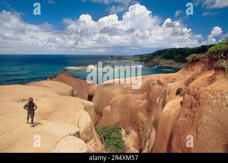 Der Mensch steht an einer felsigen, zerklüfteten Küste in Dominica mit Blick auf das Meer; Dominica Stockfoto