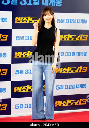 Kang Han-Na, 22. Mai 2023 : die südkoreanische Schauspielerin Kang Han-Na nimmt vor einer VIP-Vorschau des südkoreanischen Films "The Roundup: No way out" in Seoul, Südkorea, an einem Fotoanruf Teil. „The Roundup: No way out“, der dritte Teil der Serie „The Outlaws“ wird am 31. Mai in den örtlichen Theatern zu sehen sein. Kredit: Lee Jae-Won/AFLO/Alamy Live News Stockfoto