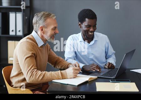 Seitliches Porträt eines gutaussehenden, reifen Geschäftsmanns, der ein Notebook mit einem Kollegen am Schreibtisch im Büro verwendet Stockfoto