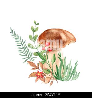 Aquarell-Waldkomposition. Steinpilze, grüne Äste, Gras, rote Beeren und Blume. Botanische handgezeichnete Illustration isoliert auf weiß Stockfoto