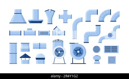 Vektordarstellung des Luftkanalsatzes. Cartoon-isolierte Belüftung und Ausrüstung zur Reinigung der Luftsammlung mit industriellen Ventilatoren, Rohrleitungssystem und Rohren, Lüftungsschlitzen und Armaturen, Kamin Stock Vektor