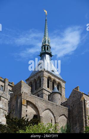 Der Gipfel und der Turm des Mont Saint Michel, Frankreich. Stockfoto