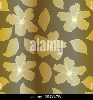 Goldene Hibiskusblüten und Blätter auf schwarzem Hintergrund, nahtloses Muster Stock Vektor