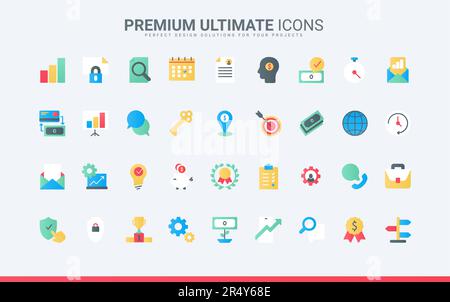 Symbole globaler Unternehmen für Finanzpräsentation, Aktentasche und Glühbirne, Geld. Geschäftskommunikation, Handel und Zeitmanagement trendige flache Symbole bilden die Vektordarstellung Stock Vektor