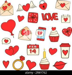 Set mit Valentinstag-Symbolen. Flache Zeichentrickfilme. Vektordarstellung Stock Vektor