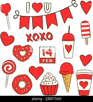 Set mit Valentinstag-Symbolen. Flache Zeichentrickfilme. Vektordarstellung Stock Vektor