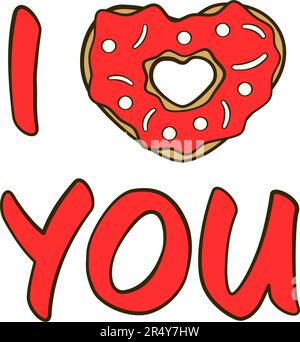 Ich liebe dich mit herzförmigem Donut. Flache Cartoon-Ikone. Vektordarstellung Stock Vektor
