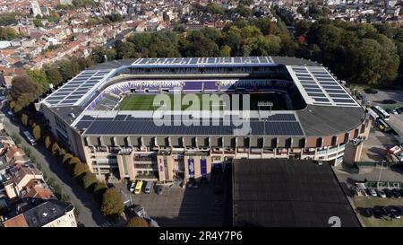 Der Lotto Park aus der Vogelperspektive (als Sponsoring), Anderlecht, Brüssel, Belgien, Heimat des RSC Anderlecht. Es ist auch bekannt als Constant Vanden Stock Stadium. Früher auch Emile Versé Stadium genannt Stockfoto