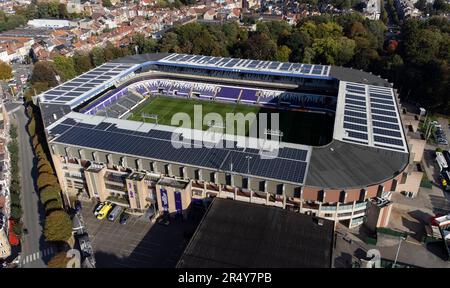 Der Lotto Park aus der Vogelperspektive (als Sponsoring), Anderlecht, Brüssel, Belgien, Heimat des RSC Anderlecht. Es ist auch bekannt als Constant Vanden Stock Stadium. Früher auch Emile Versé Stadium genannt Stockfoto